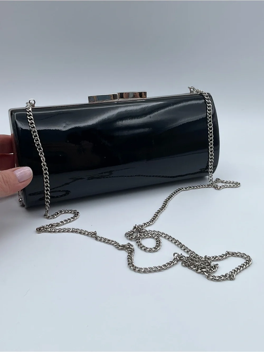 Nine West Black Patent Clutch Purse Silver Chain Strap Evening Bag